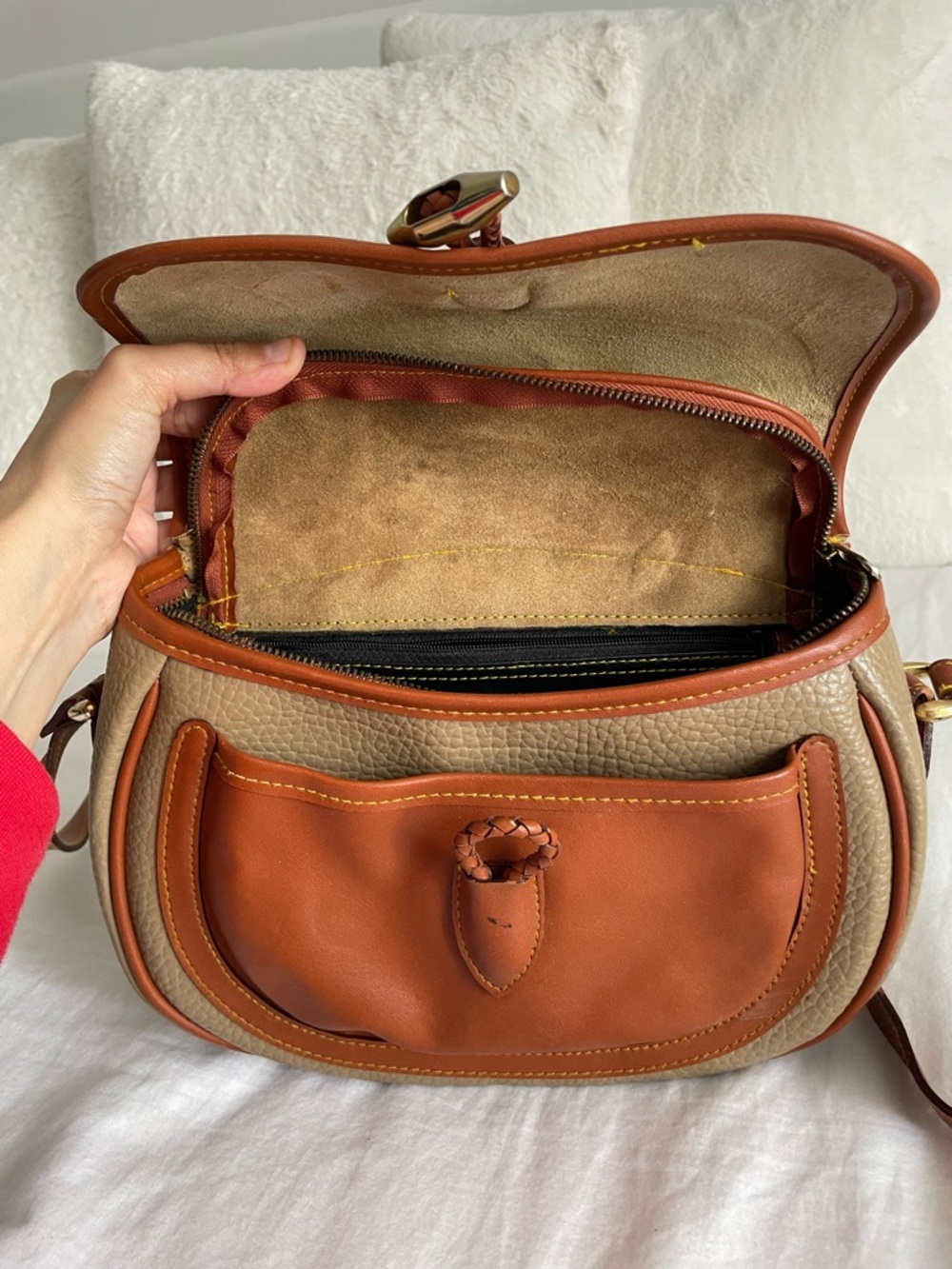 Dooney & Bourke Vintage Crossbody Saddle Bag in Taupe and Cognac - Picture 8 of 9